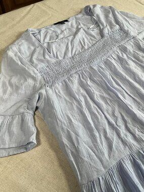 Womens Paper Moon Blue Tiered Mini Babydoll Puff Sleeve Strap Dress (Medium)